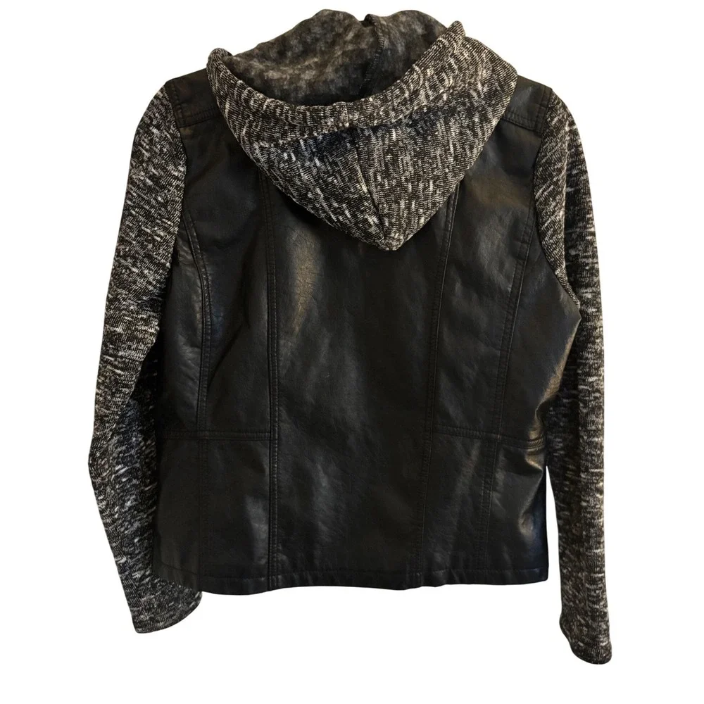 J2 Womens Large Black Faux Leather Mixed Media Hooded Jacket Knit Sleeves‎